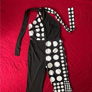 Black & White Polka Dot , Halter Top Pants Jumpsuit